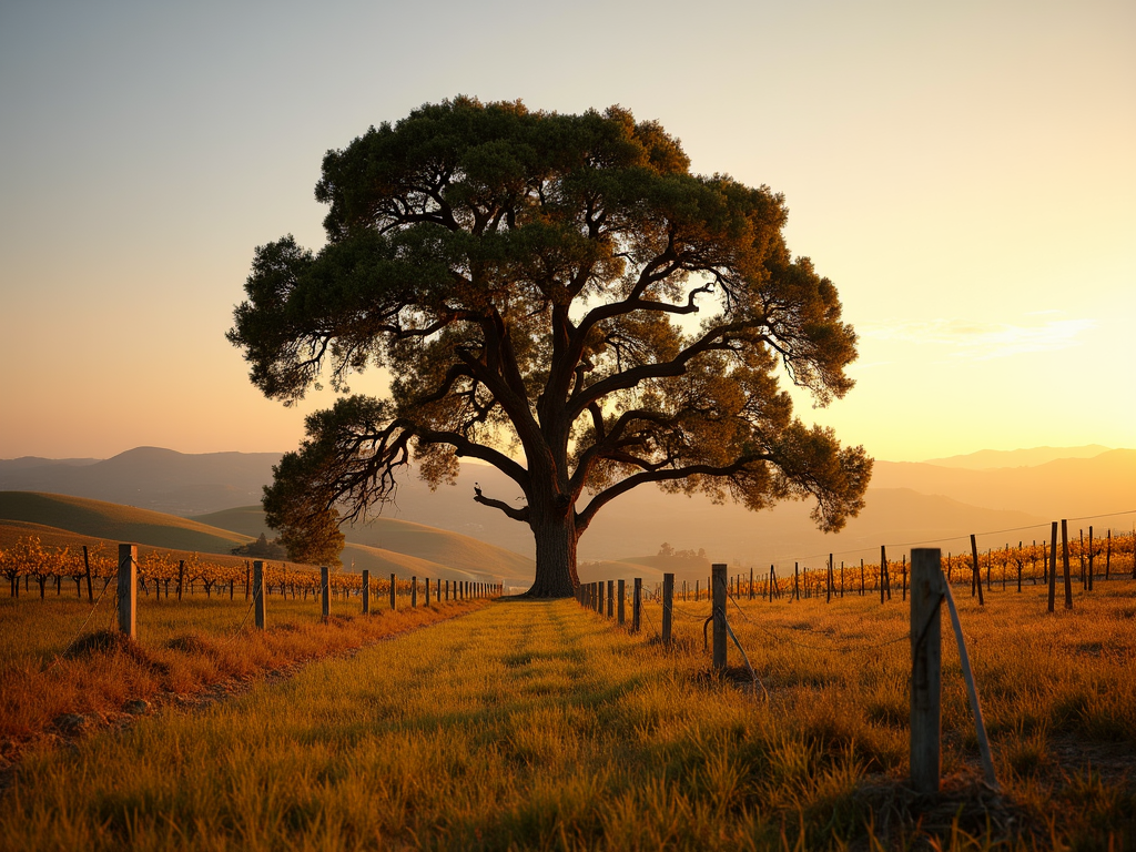 Oak tree in a Sonoma County vineyard at sunset
