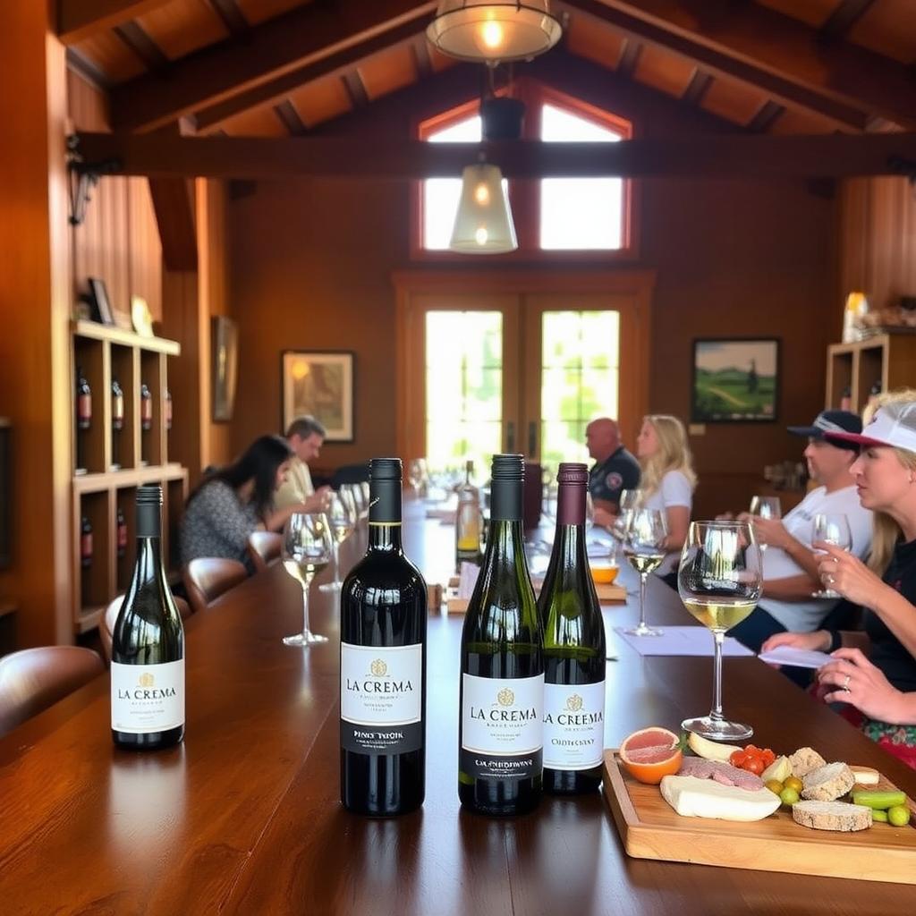 Cozy La Crema Winery tasting room with wooden interiors, wine bottles, and guests enjoying tastings.