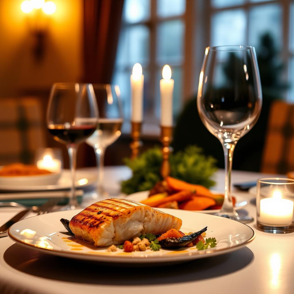 Dinner table with wine and food under candlelight.