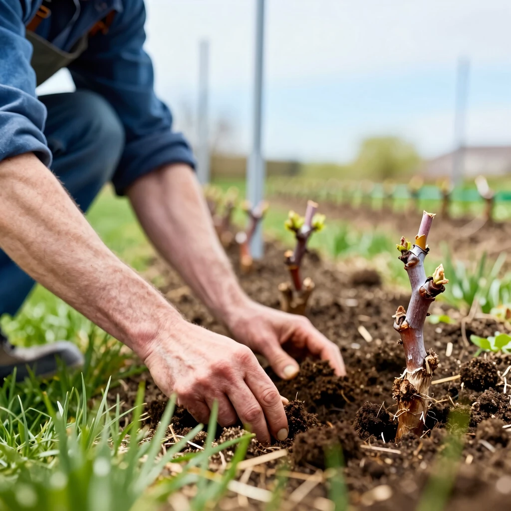 Planting young grapevines in a backyard vineyard