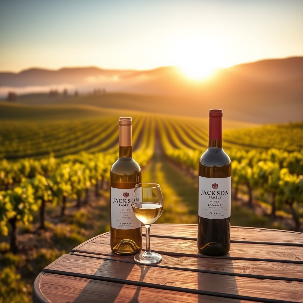 Sunset view of Sonoma vineyards with Jackson Family Wines on a tasting table