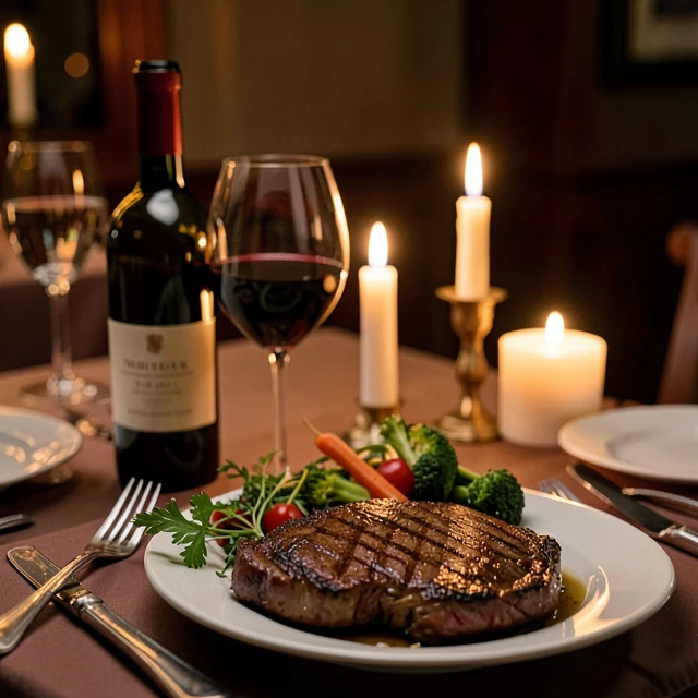 Elegant dinner table setup with red wine and steak for perfect pairing