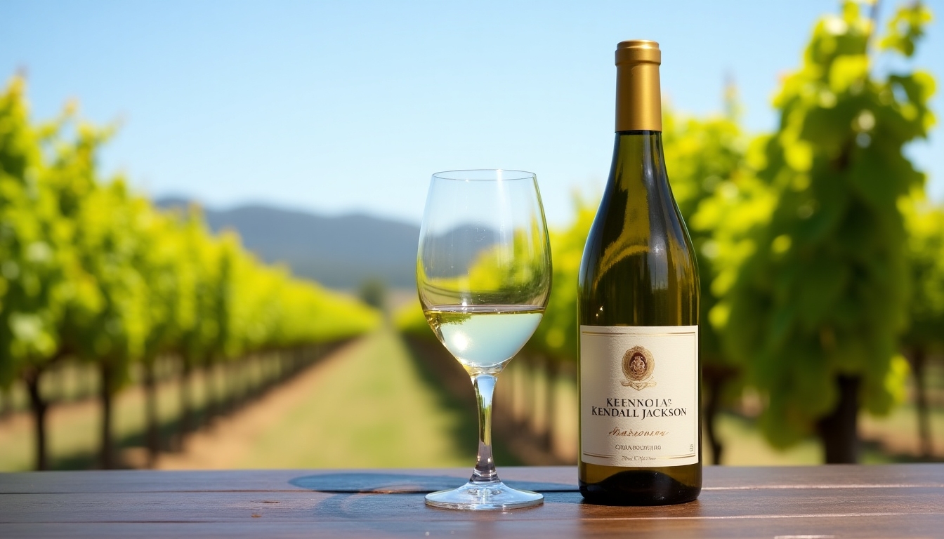 Close-up of a bottle of Kendall-Jackson Chardonnay with a glass next to it, in a vineyard backdrop.