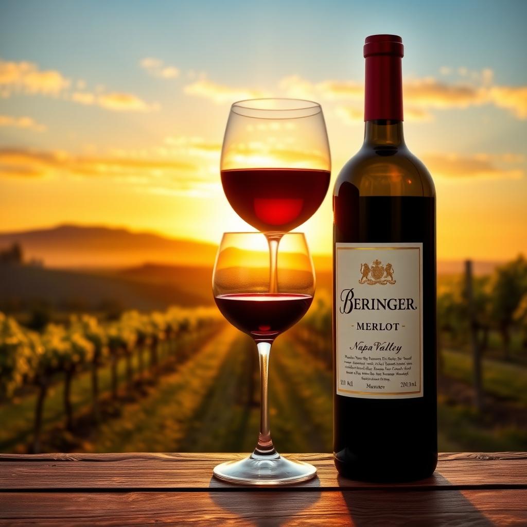 A glass of Beringer Merlot on a wooden table with a Napa Valley vineyard at sunset in the background.