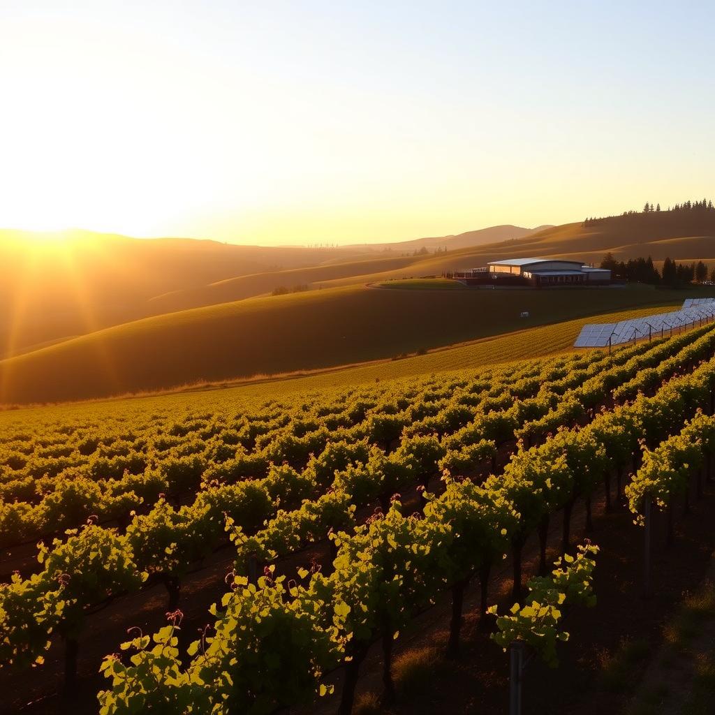 Kendall-Jackson Vineyard Estates at sunset with solar panels