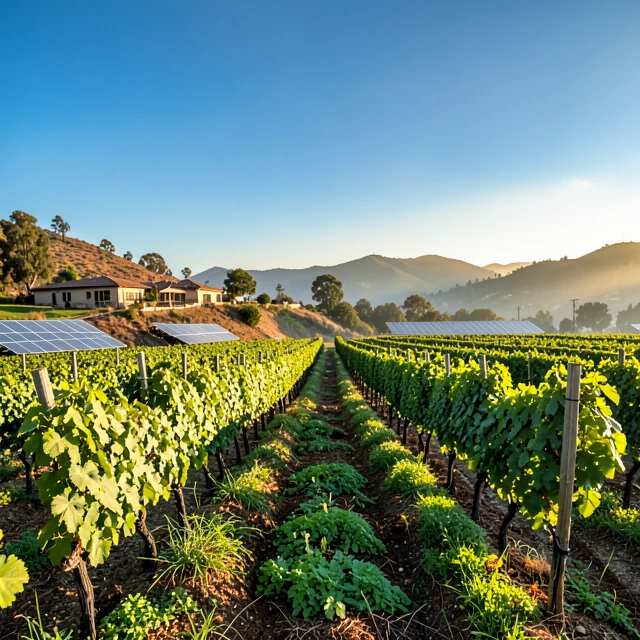 Sustainable California vineyard with cover crops and solar panels