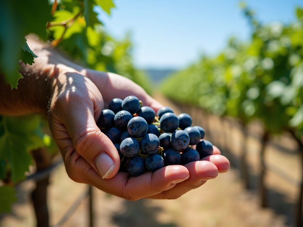 Vintner’s hands holding ripe grapes in a sustainable vineyard