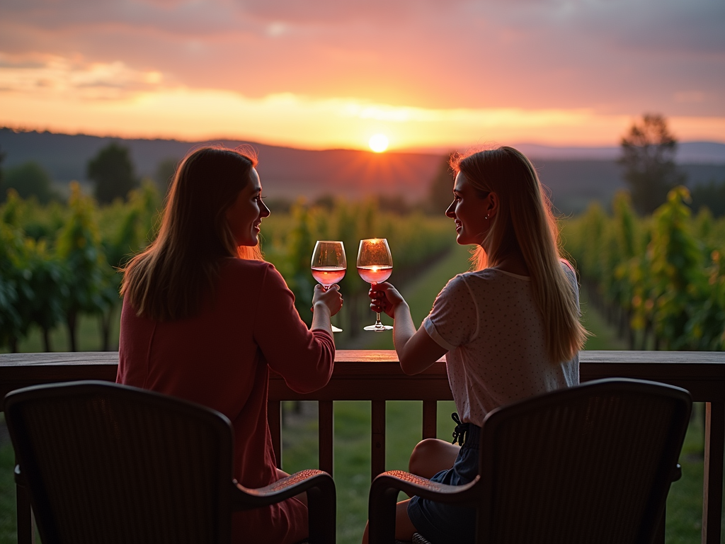 Couple toasting with wine on a vineyard balcony