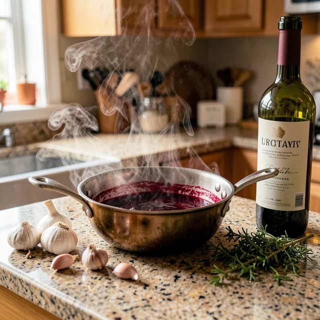 Home cooking with wine in a kitchen setting