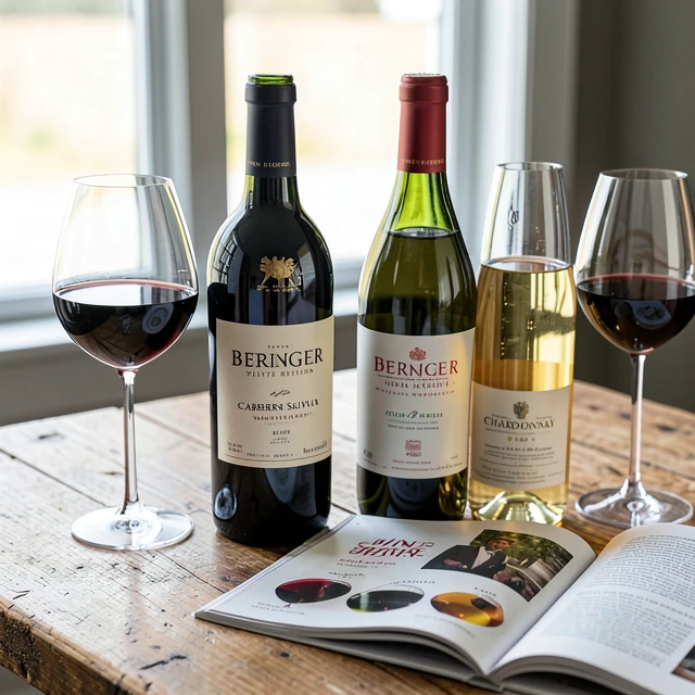 Beringer Private Reserve Cabernet Sauvignon and Chardonnay bottles with wine glasses