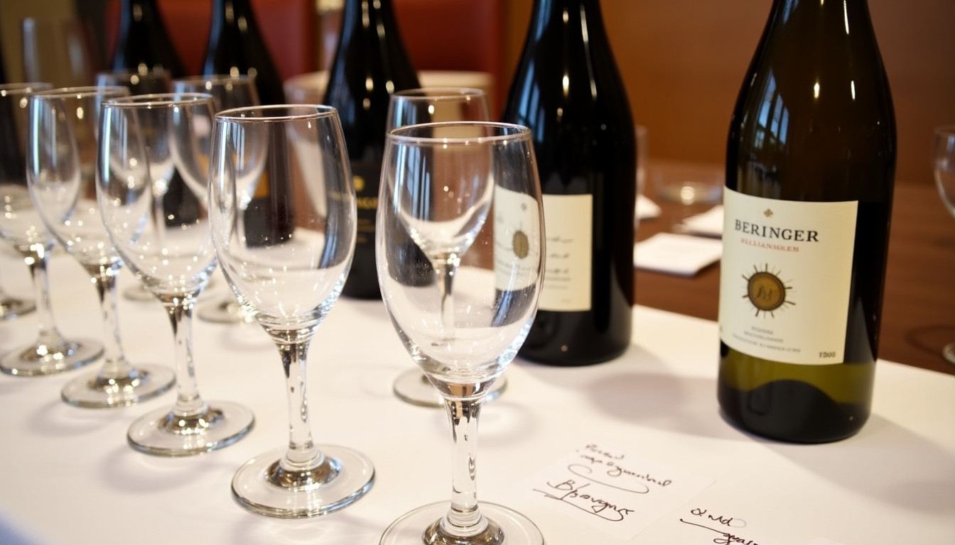 A wine tasting setup featuring Beringer wines with glasses and tasting notes laid out elegantly.