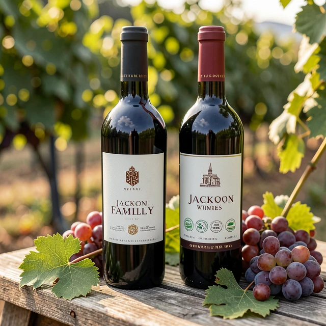 Collection of sustainable wine bottles from Jackson Family Wines in a vineyard setting