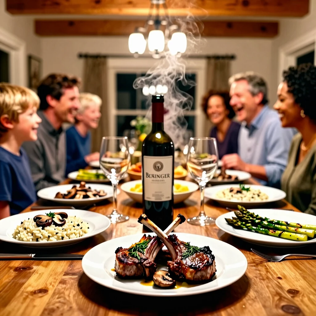 Family dinner featuring lamb and risotto paired with Beringer Merlot