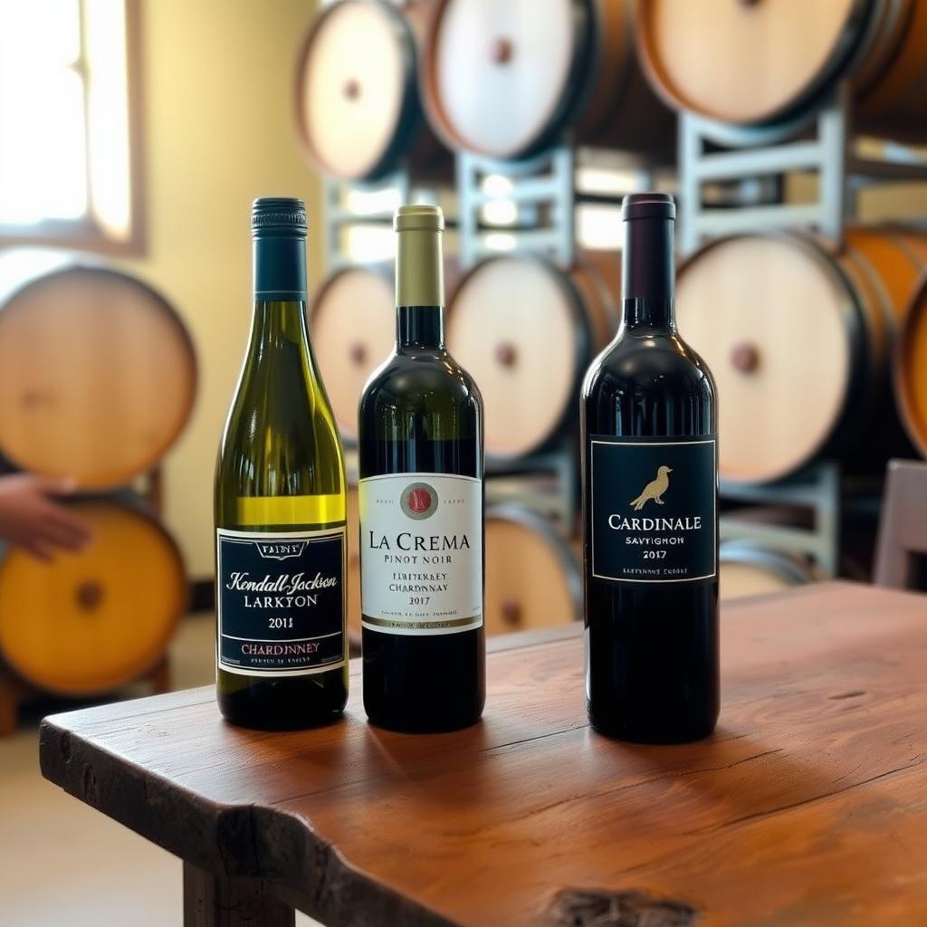 Rustic table with Jackson Family Wines bottles in a tasting room