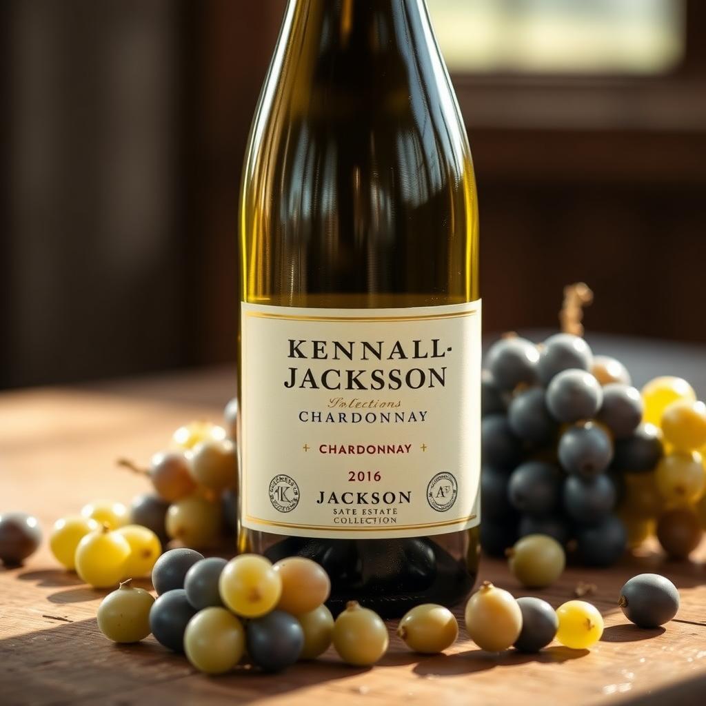 Bottle of Kendall-Jackson Jackson Estate Chardonnay with fresh grapes