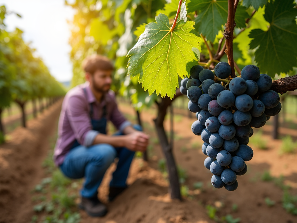 Vineyard worker checking organic grapes