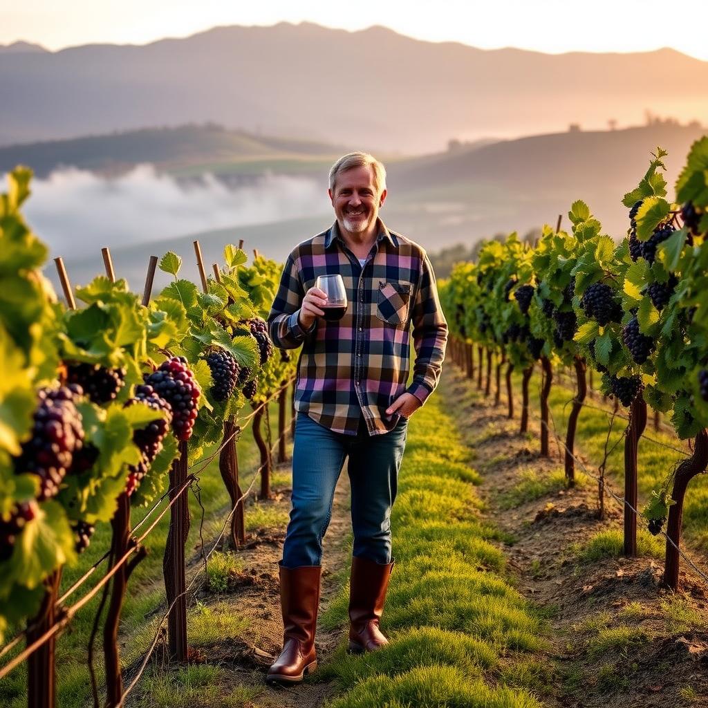Winemaker holding wine glass in Napa Valley vineyard at dawn
