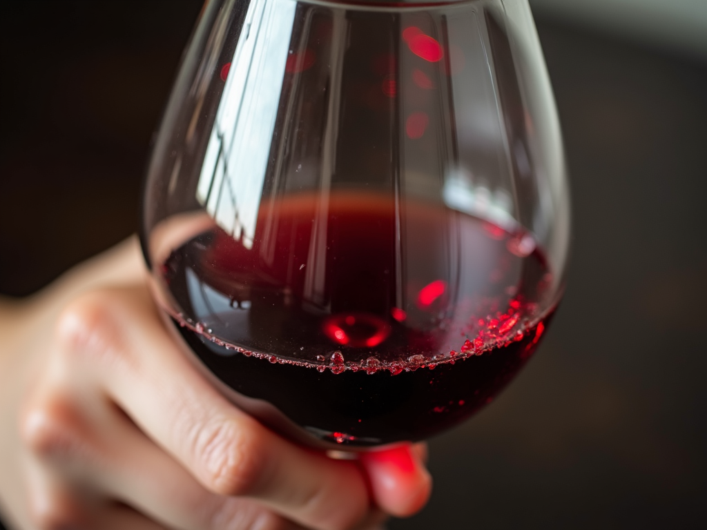 A person holding a red wine glass, swirling the wine to release its aroma.