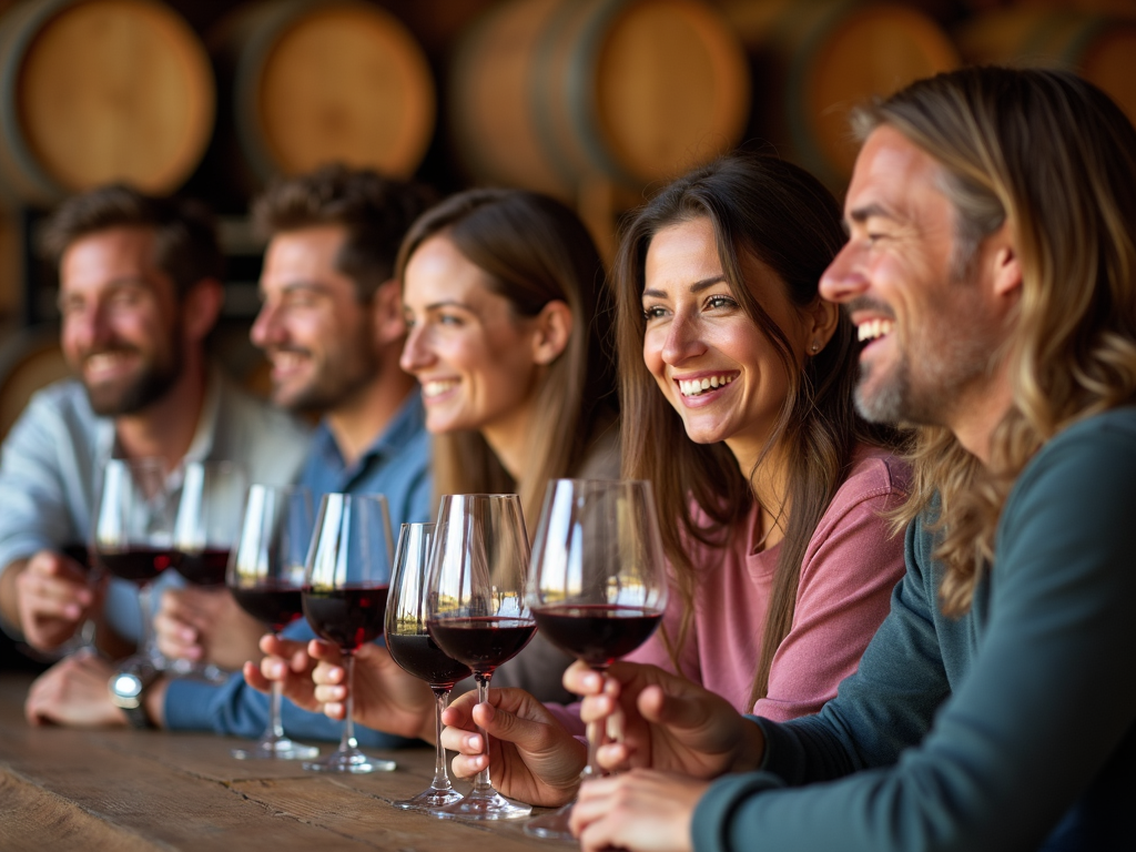 A joyful wine tasting experience, capturing the camaraderie and appreciation for fine wine.