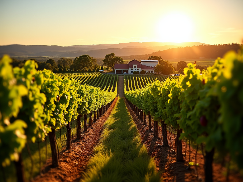 Sunlit vineyard with a winery in the distance, capturing the essence of wine-making.