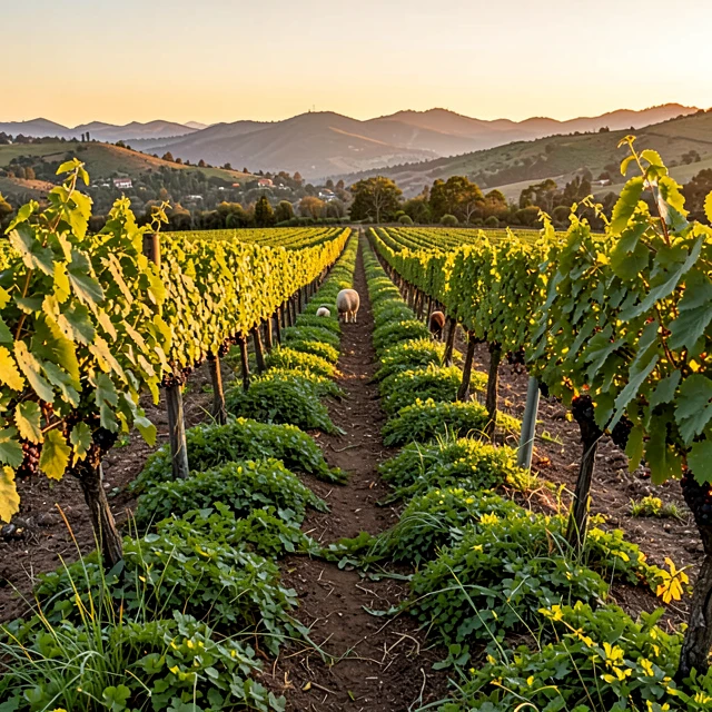 Jackson Family Wines vineyard showcasing regenerative farming practices with cover crops and grazing sheep