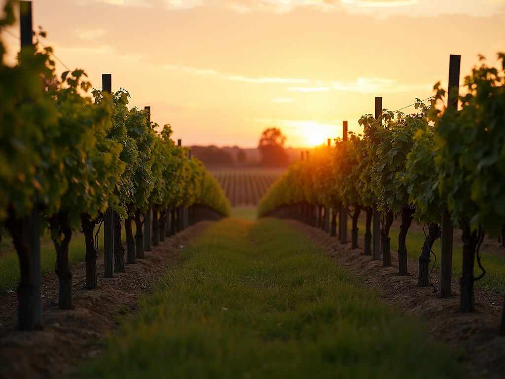 A vineyard at sunset with golden light over the vines.