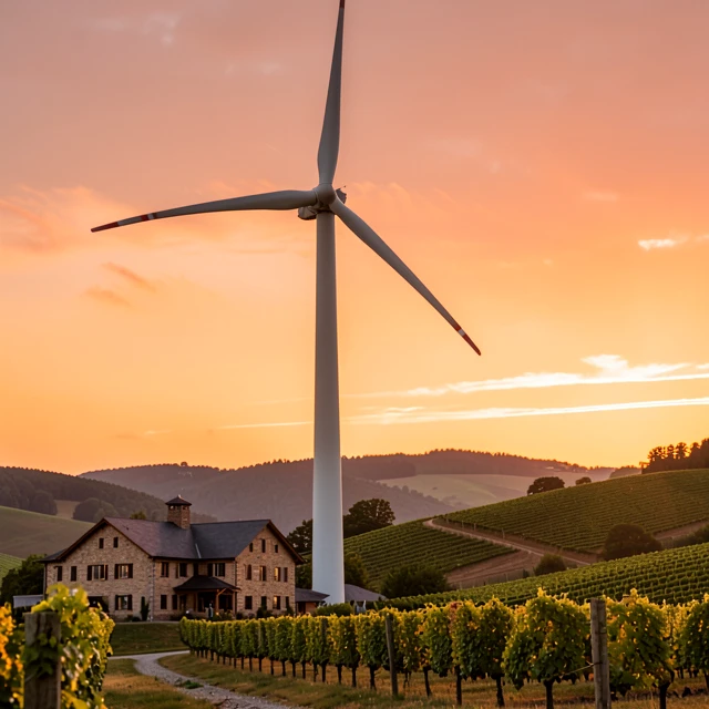 Wind turbine powering a sustainable winery amid vineyards
