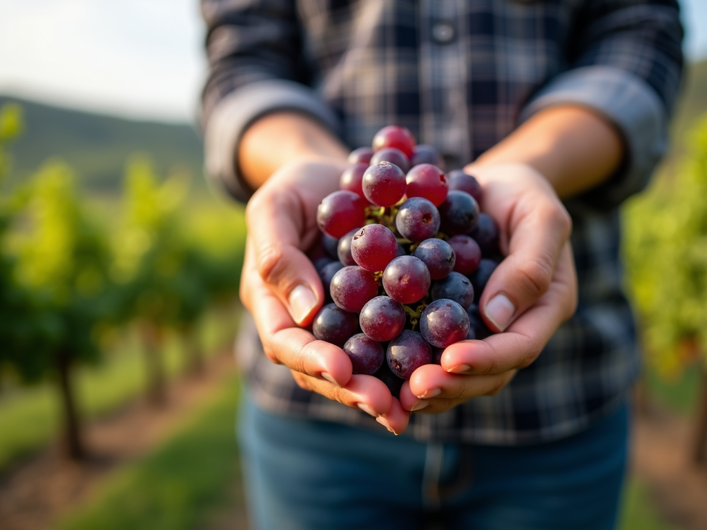 Vintner holding organic grapes in vineyard