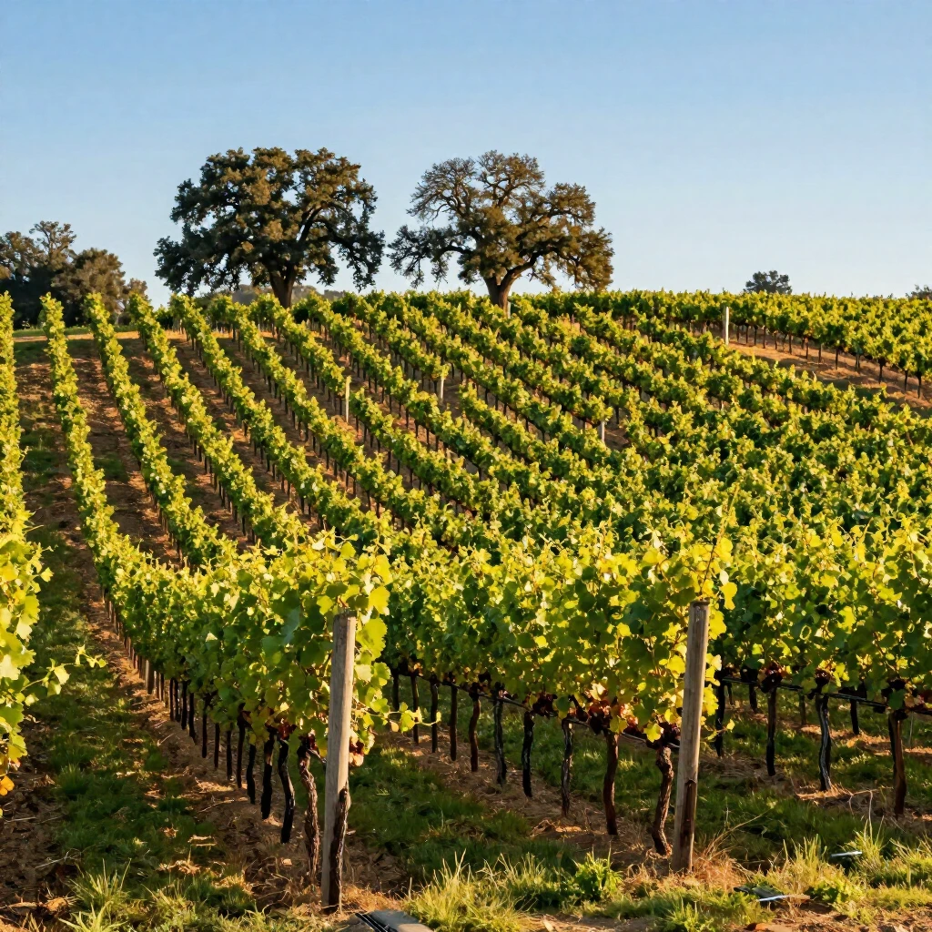 Scenic Napa Valley vineyard with rolling hills and grape vines under a blue sky