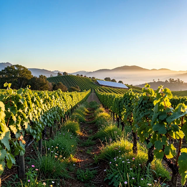 Lush sustainable vineyard in California with cover crops and solar panels at sunrise