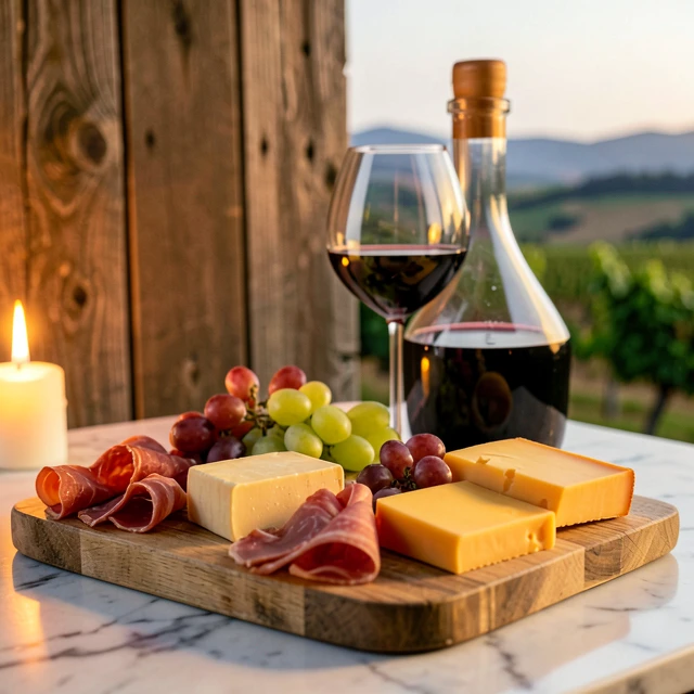 Charcuterie board paired with red wine