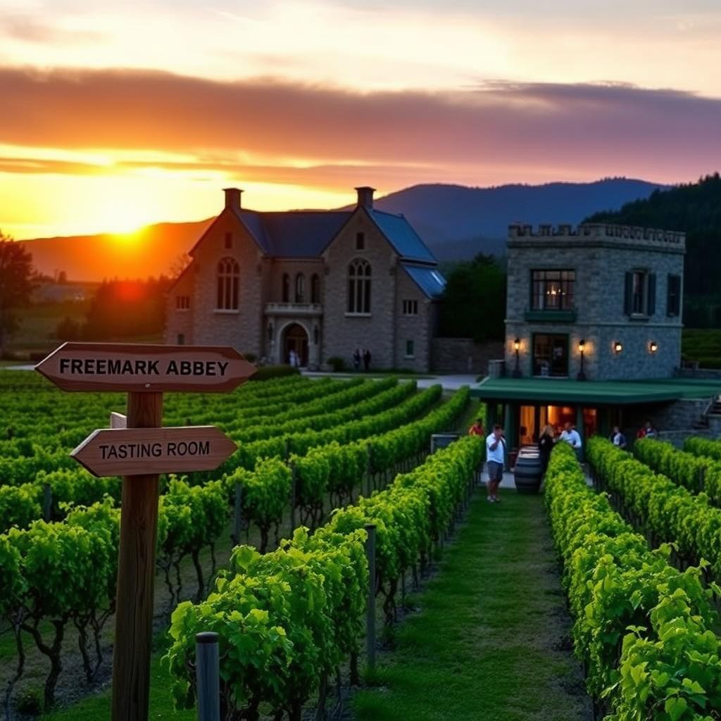 Freemark Abbey’s stone winery surrounded by Cabernet Sauvignon vines under a golden sunset, with visitors tasting wine.
