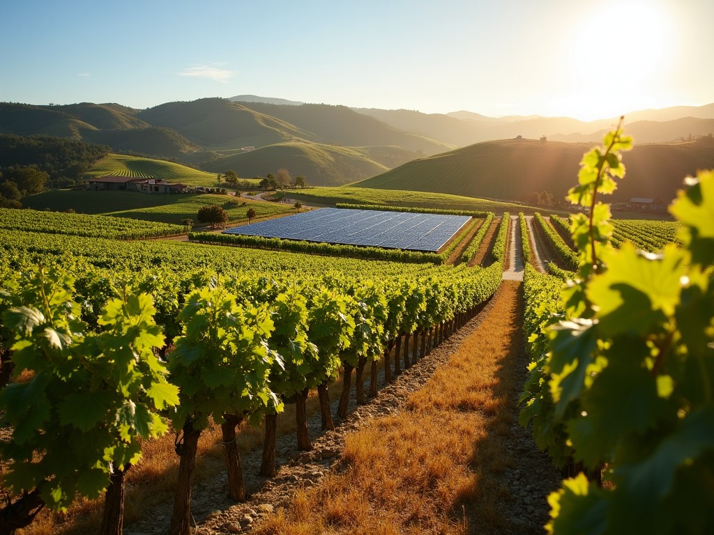Solar panels set up in a vineyard belonging to Jackson Family Wines, highlighting their commitment to sustainability.