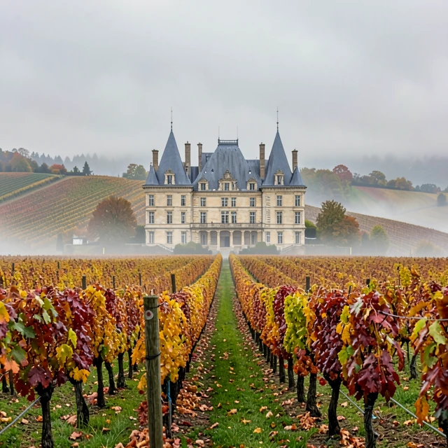Historic Bordeaux chateau amid autumn vineyards