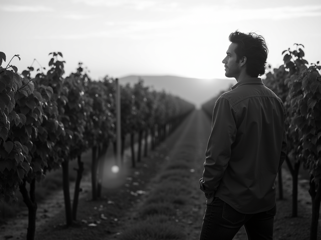 Jess Jackson, founder of Kendall-Jackson, in a vineyard at sunset.