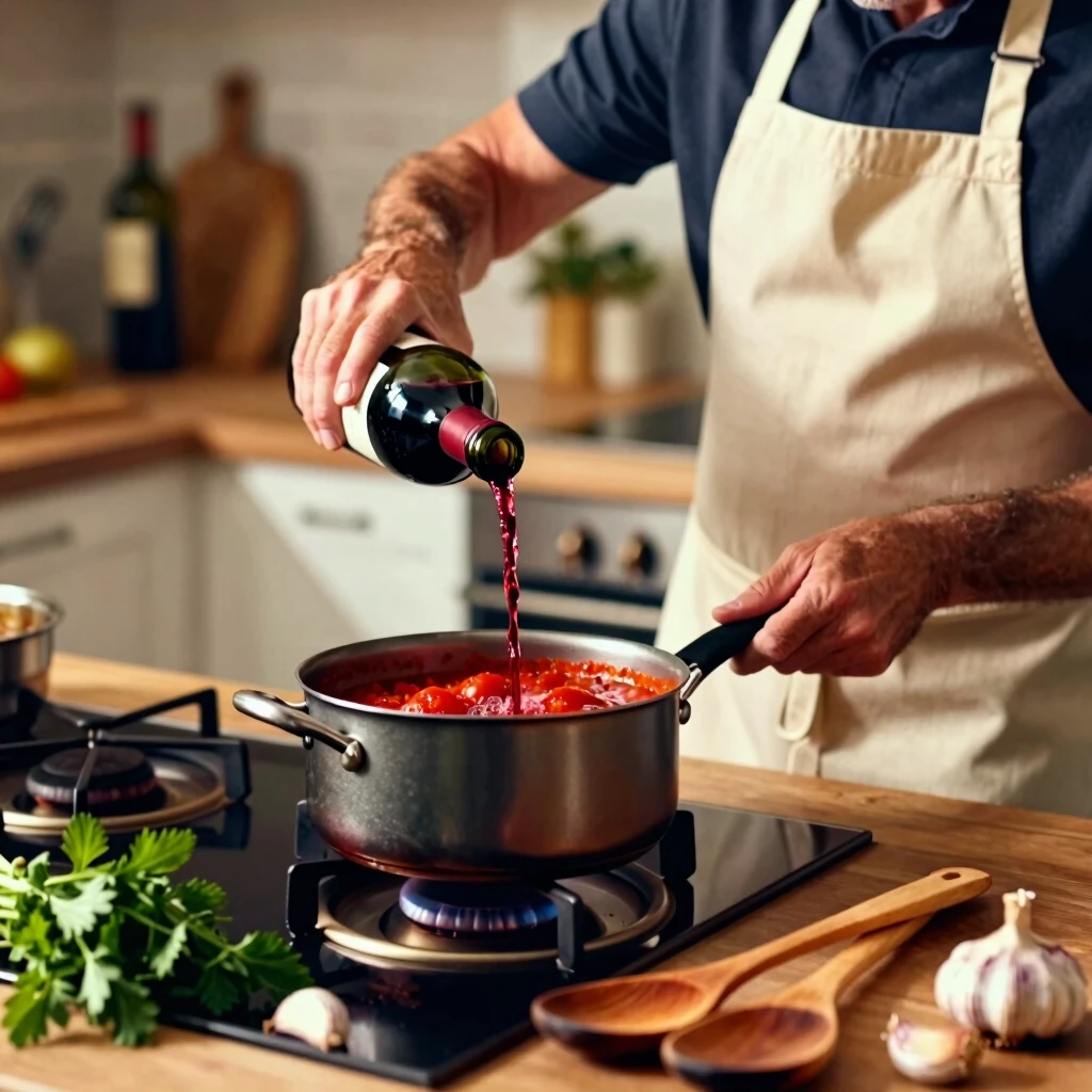 Chef adding red wine to simmering sauce in a home kitchen
