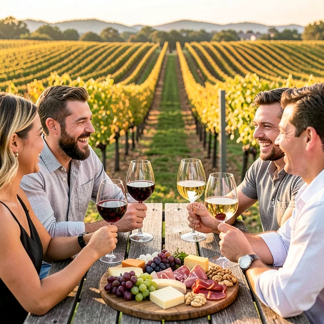 Friends enjoying wine tasting with vineyard views in Napa Valley