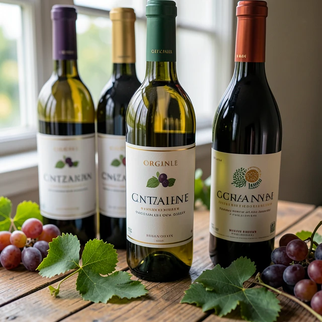 Wine bottles displaying organic and sustainable certification labels
