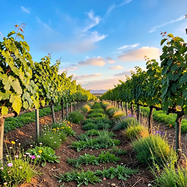 Organic vineyard with vibrant grapevines growing naturally in healthy soil