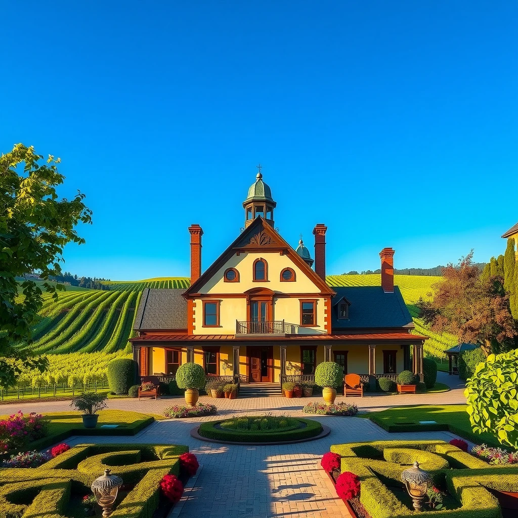 Historic Beringer Vineyards Rhine House surrounded by Napa Valley vineyards
