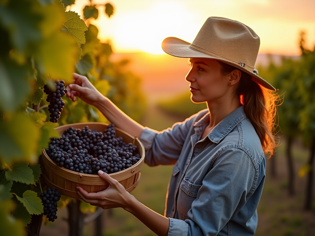 Hand-picking grapes in an organic vineyard