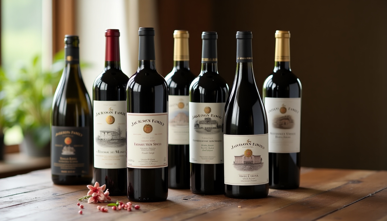 A collection of wine bottles on a rustic wooden table, showcasing Jackson Family Wines.