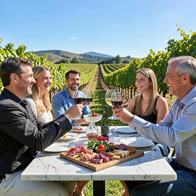 Wine tasting scene in Napa Valley with vineyard views