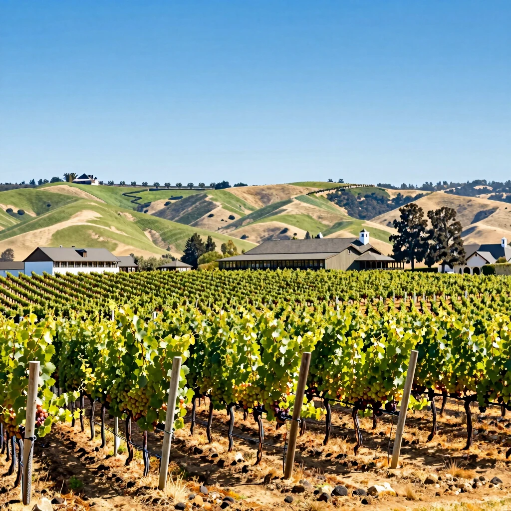 Beringer Vineyards in Napa Valley with rows of grape vines