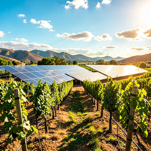 Solar panels integrated in a vineyard showcasing renewable energy in wineries