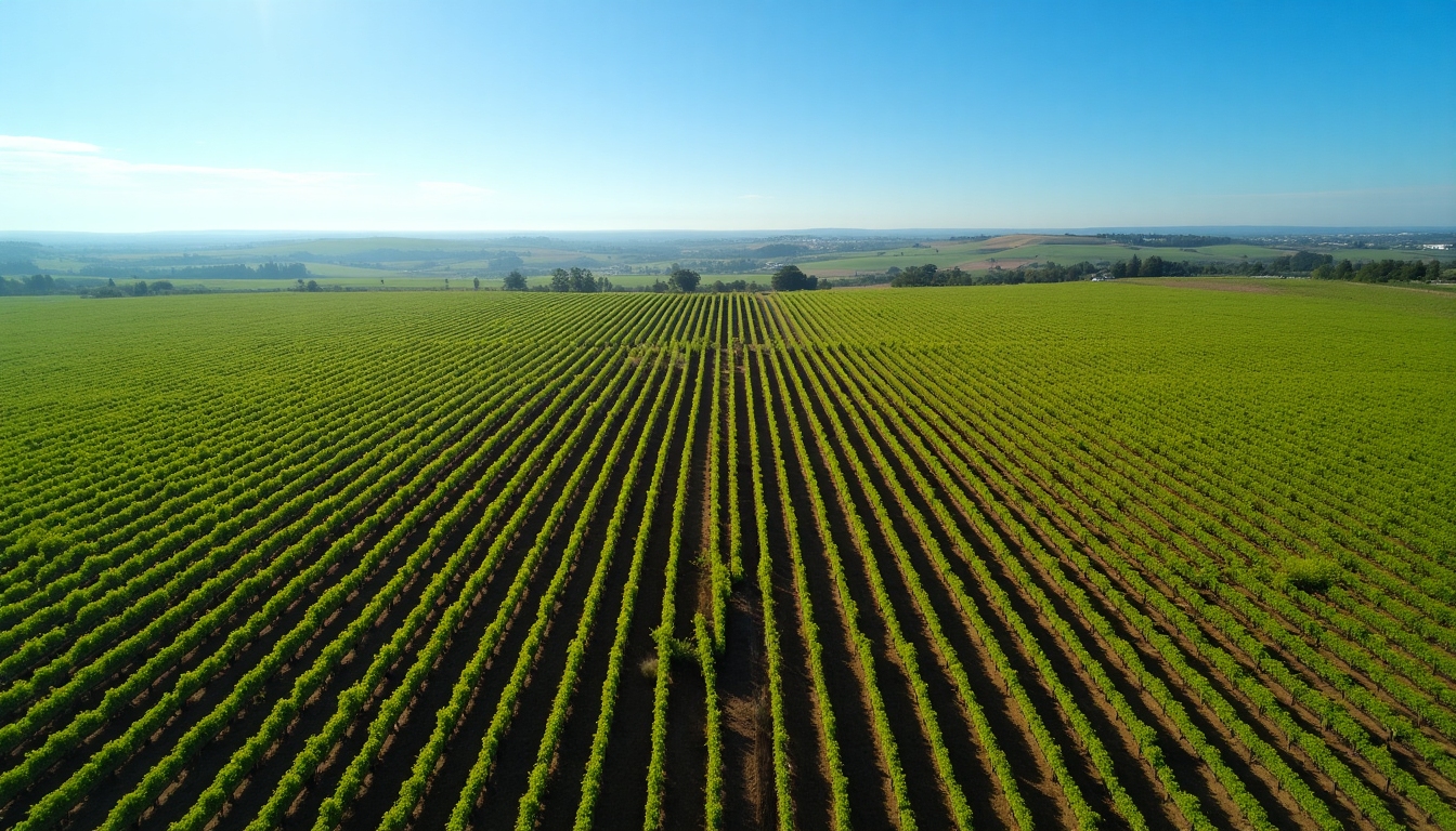 A panoramic view of a vineyard in California. Rows of grapevines stretch out under a clear blue sky.