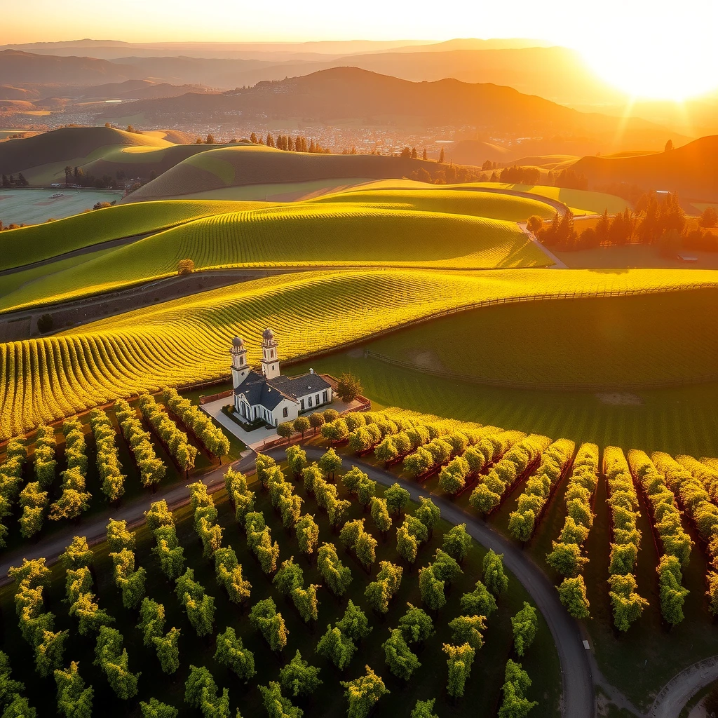 Aerial view of lush vineyards and winery in Sonoma County under golden sunlight
