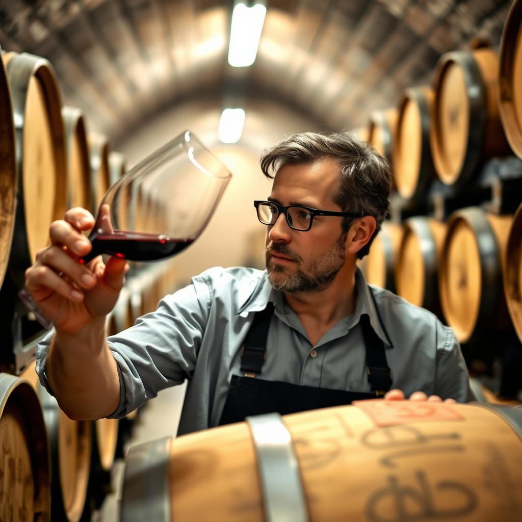 Winemaker tasting wine in a cellar.