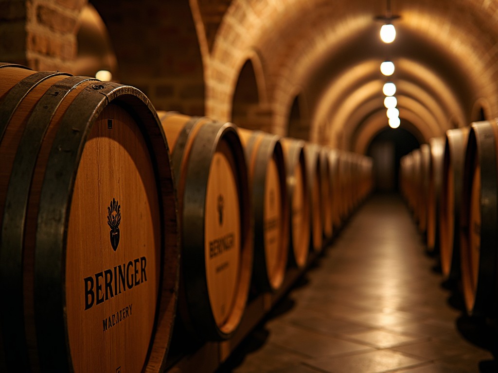Oak barrels in a dimly lit cellar, with a warm glow emanating from the lamps