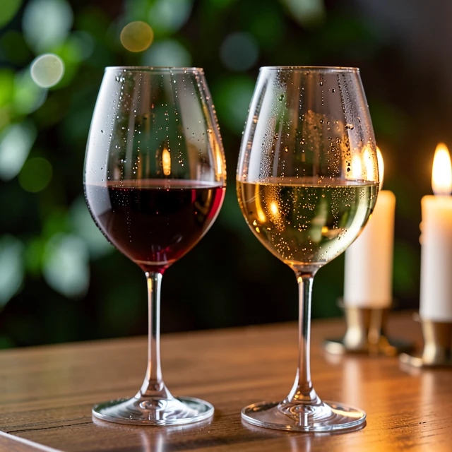 Wine glasses with red and white wine ready for a casual gathering